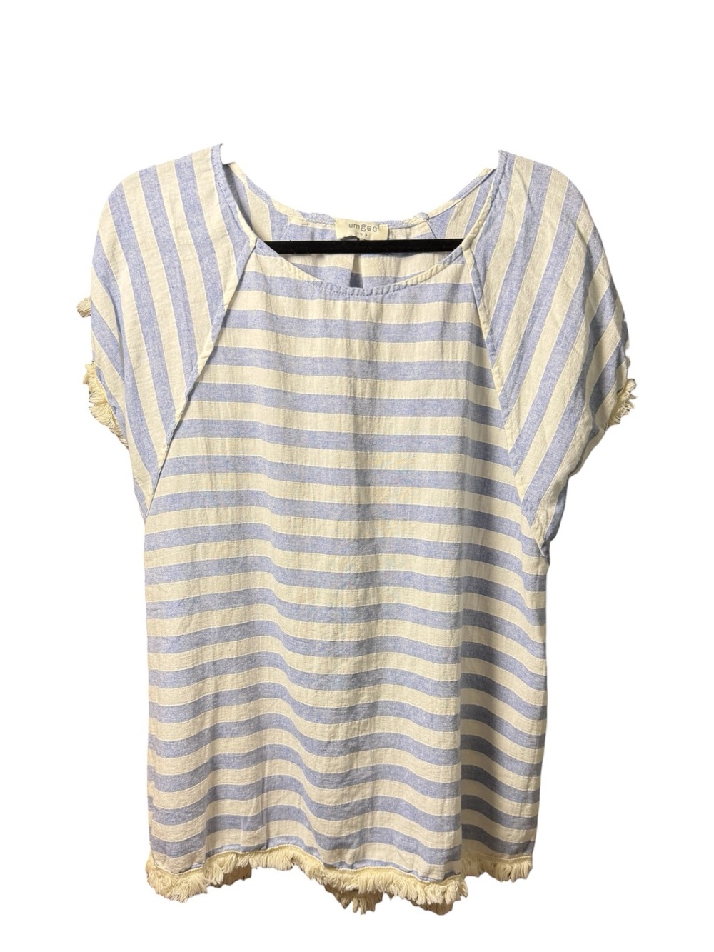 Umgee Blue Cream Striped Fringe Trim Boho Top Size Large NWOT